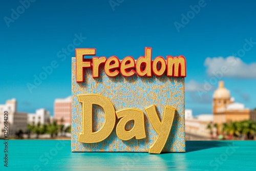 Caribbean Elegance Golden Freedom Day Typography on Historic Puerto Rican Landmark Textures - Cultural Branding and Summer Festivity Design for Tourism Promotion photo