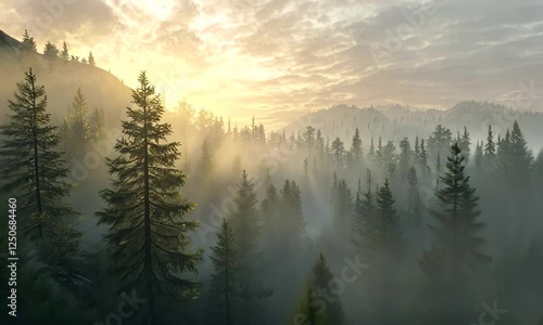 Morning Fog Rolling Over a Dense Pine Forest Drone Fly Through