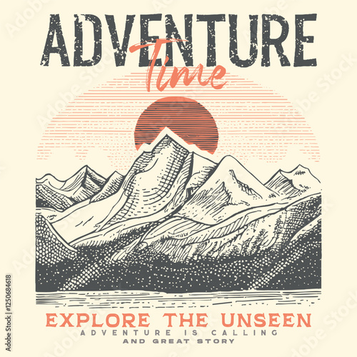 Adventure time vector print design. Mountain camping. Adventure at the mountain graphic artwork for t shirt, Mountain with tree vintage print design. Great outdoor, Mountain forest club.retro mountain