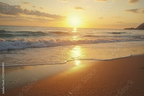 Wallpaper Mural Serene beach at sunset with golden light, calm ocean waves, and soothing atmosphere Torontodigital.ca