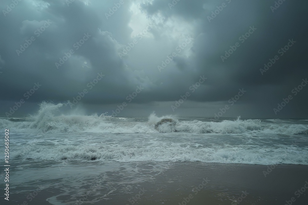 Fototapeta premium Dramatic seascape with stormy sky, crashing waves, and sandy beach