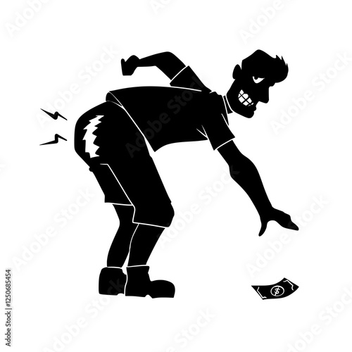 Funny Accident - Man Ripping Pants While Picking Up Money - Vector Illustration