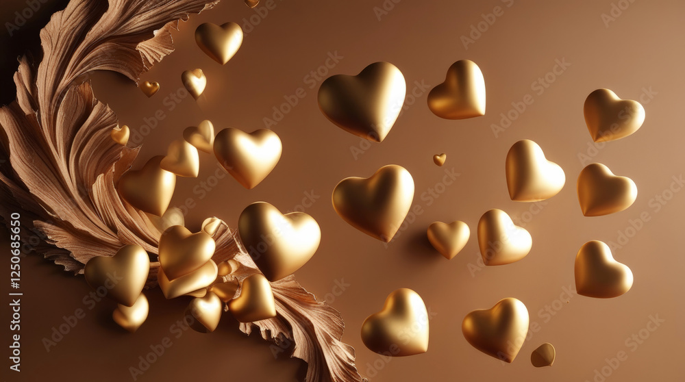 Fototapeta premium Glowing gold hearts floating in the air on a textured brown mocha background.