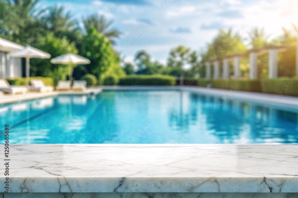 White Marble Top with Blurred Swimming Pool Background, Ideal for Product Mockups and Advertising Designs. White Marble Top with Blurred Swimming Pool Background, Ideal for Product Mockups and Advertising Designs.