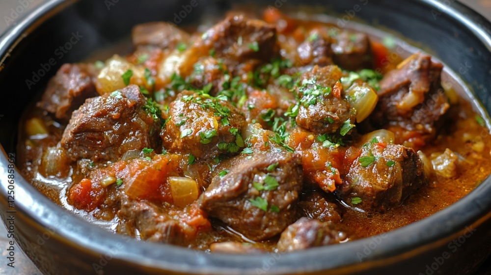 Beef stew, restaurant, close-up, herbs, rustic Beef stew, restaurant, close-up, herbs, rustic