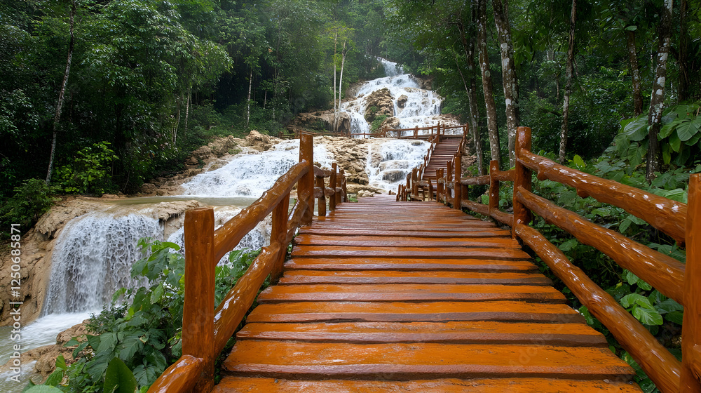 Fototapeta premium Wooden path to jungle waterfall