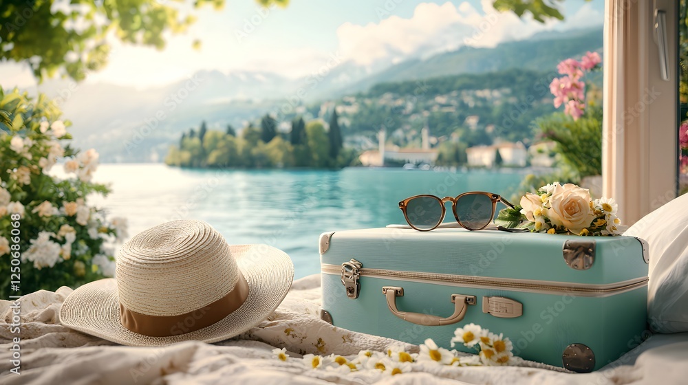 Fototapeta premium Stunning landscape with a serene lake majestic mountains and lush greenery creating an ideal luxury travel destination for those seeking a peaceful escape outdoor adventure