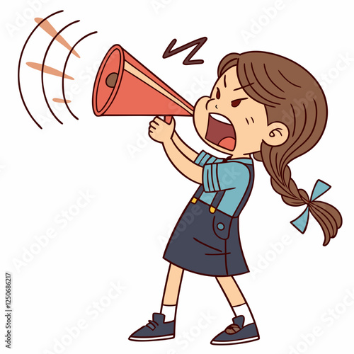 Frustrated girl yelling into megaphone with sound waves illustration