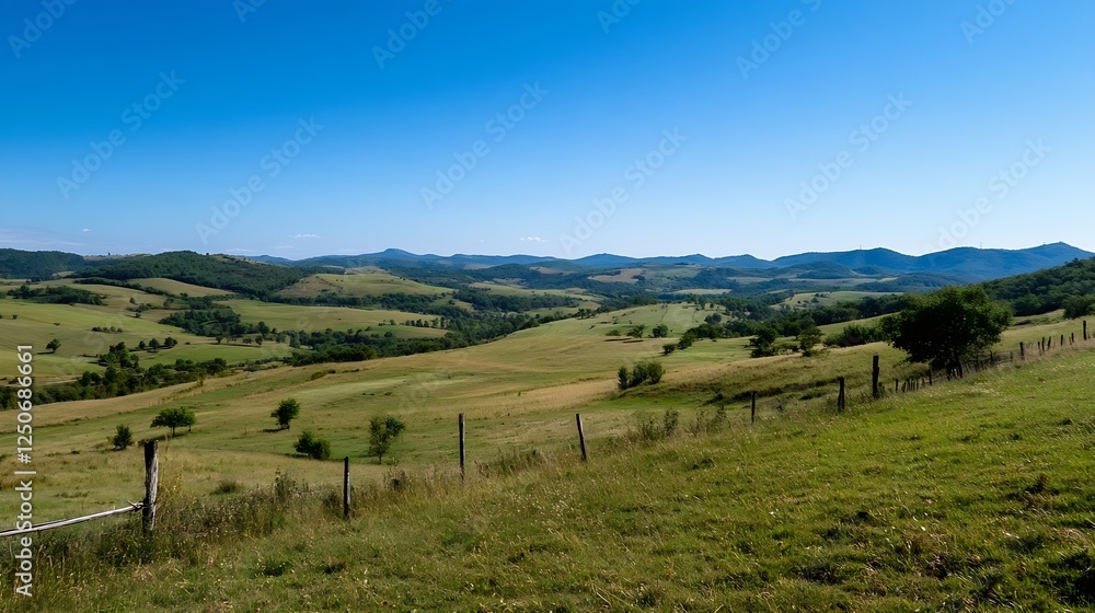 Naklejka premium Expansive green landscape featuring rolling hills and a clear blue sky on a sunny day : Generative AI