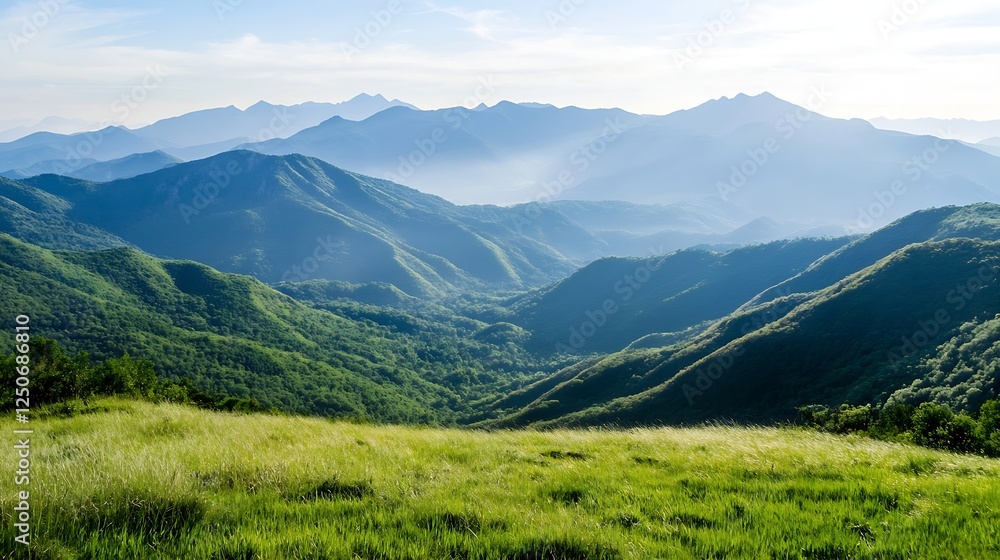 Breathtaking panoramic view of lush green valleys and majestic mountains under a clear sky at sunrise : Generative AI Breathtaking panoramic view of lush green valleys and majestic mountains under a clear sky at sunrise : Generative AI