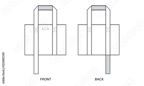 Extended Handle Tote Bag Technical Fashion Illustration. Spacious Shopper Bag Vector Template. Front and Back View. Reinforced Straps. Minimalist Everyday Tote. CAD Mockup.