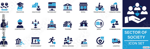 Sector of society icon set agriculture, education, healthcare, energy, technology, transportation, arts, justice You can easily change the color
