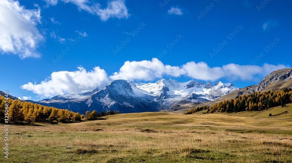 Majestic mountain landscape displaying golden larch trees against a bright blue sky and snowcapped peaks : Generative AI Majestic mountain landscape displaying golden larch trees against a bright blue sky and snowcapped peaks : Generative AI