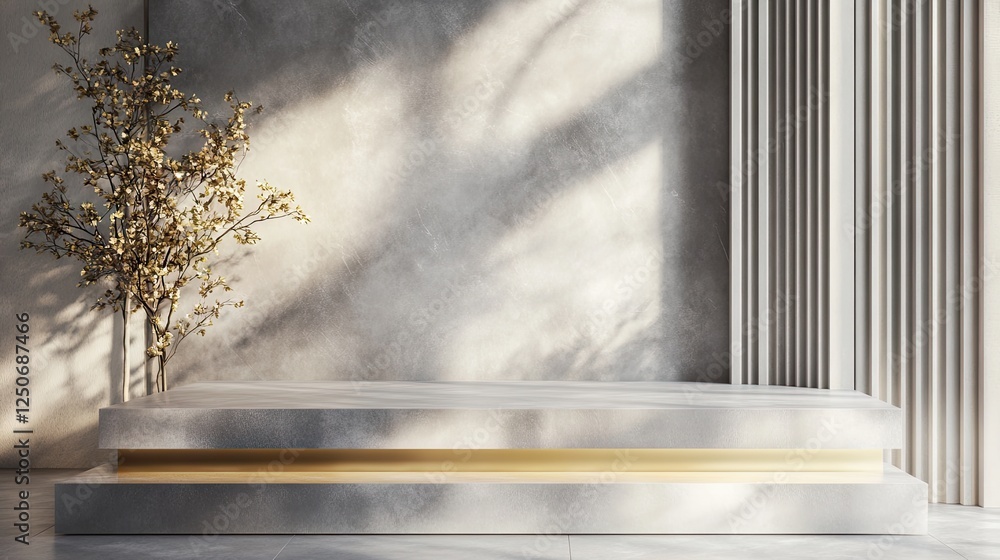 A modern gray podium with a brushed gold surface, illuminated by sunlight. A modern gray podium with a brushed gold surface, illuminated by sunlight.