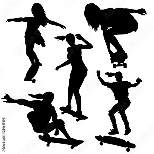 Girls Skateboarding Silhouettes - Dynamic Vector Illustration