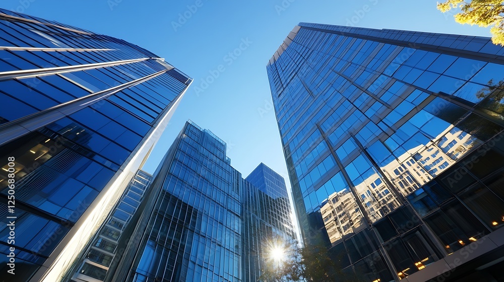 Fototapeta premium Stunning skyscrapers reflecting blue sky and sunlight in a modern urban landscape : Generative AI