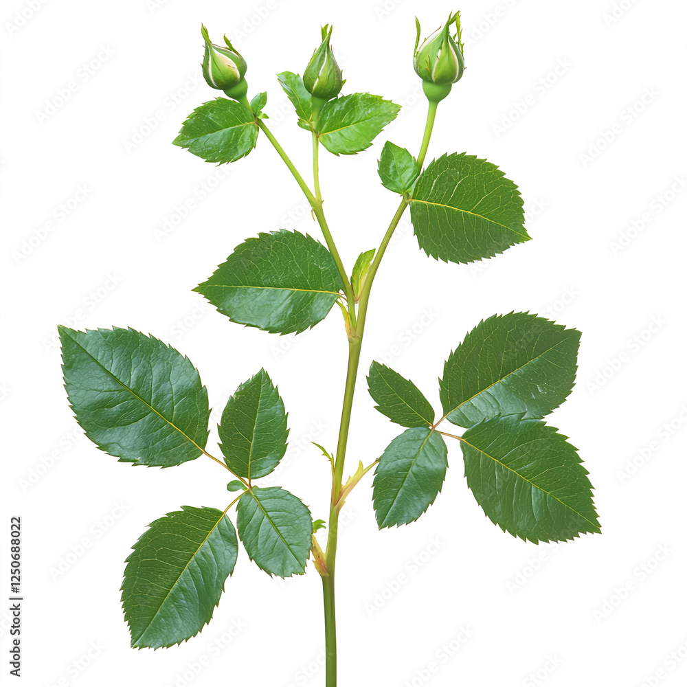 Fototapeta premium The long, green rose leaf, with the entire length of one side and two leaves on it, is isolated against a white background. The leaves have a strong texture, slightly curved to form an S shape, 