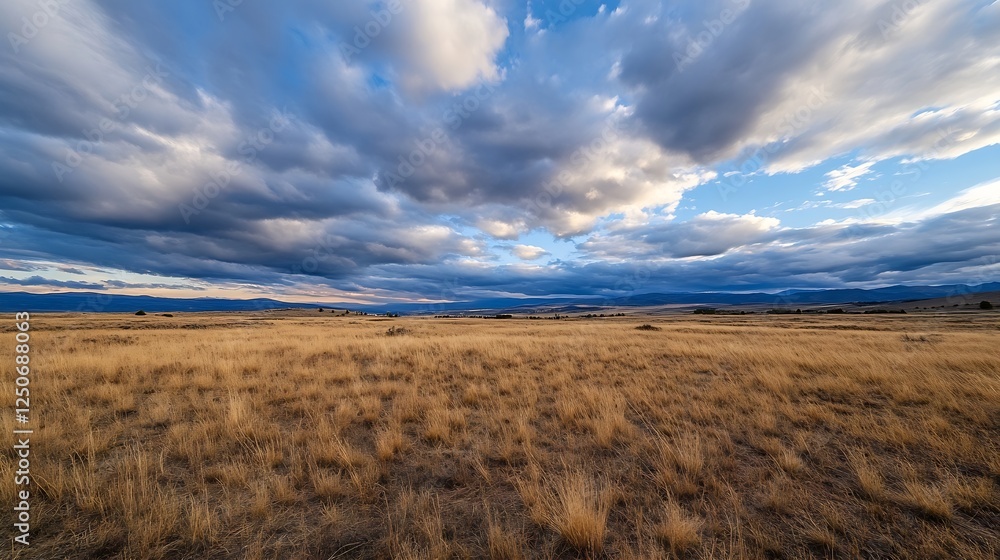 Expansive golden grass field beneath a dramatic sky filled with clouds showcasing nature's quiet beauty : Generative AI Expansive golden grass field beneath a dramatic sky filled with clouds showcasing nature's quiet beauty : Generative AI