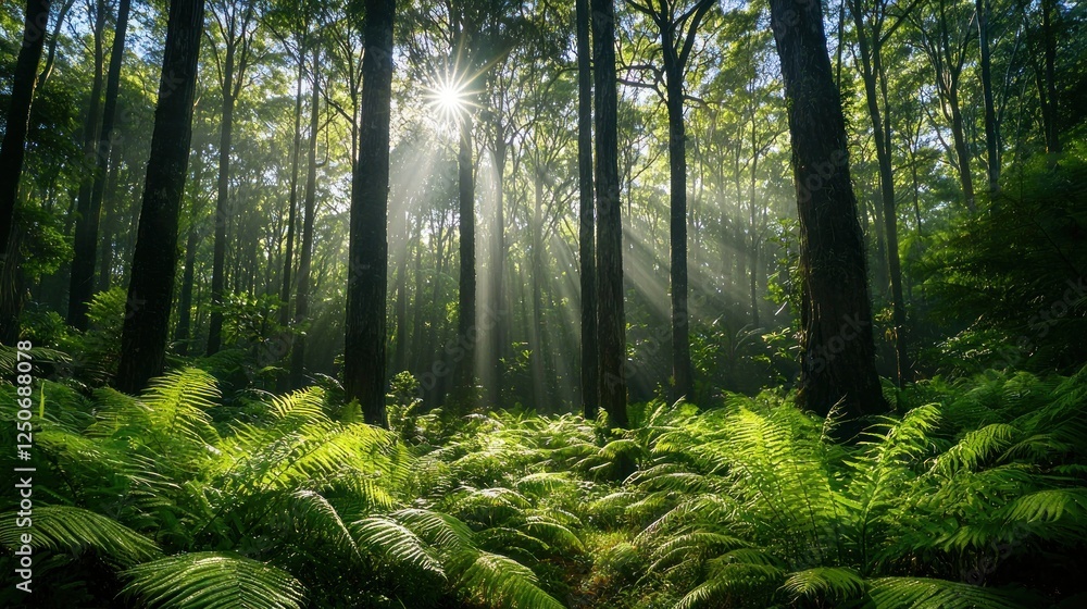Fototapeta premium Sunbeams Dancing Through Lush Forest