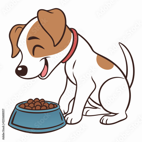 Delighted cartoon puppy with a full food bowl ready for lunchtime