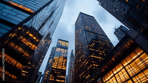 Dramatic view of skyscrapers reflecting lights in a bustling urban city during twilight : Generative AI photo