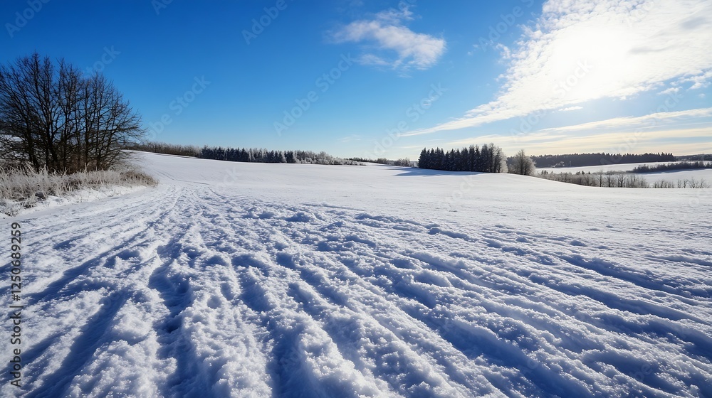Beautiful serene winter landscape with snow under bright blue sky and sunlight : Generative AI Beautiful serene winter landscape with snow under bright blue sky and sunlight : Generative AI