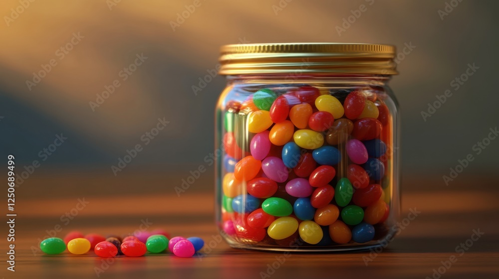 Colorful Jelly Beans in a Clear Jar with Golden Lid on Wooden Surface