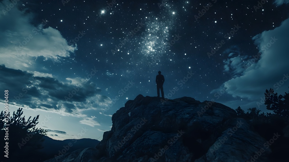 Fototapeta premium Starry Night Solitude: A Man Contemplates the Cosmos from a Mountaintop