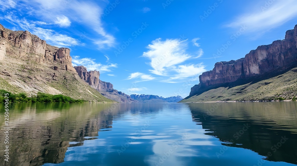Naklejka premium Breathtaking canyon landscape reflecting in calm blue waters under a clear sky with white clouds : Generative AI