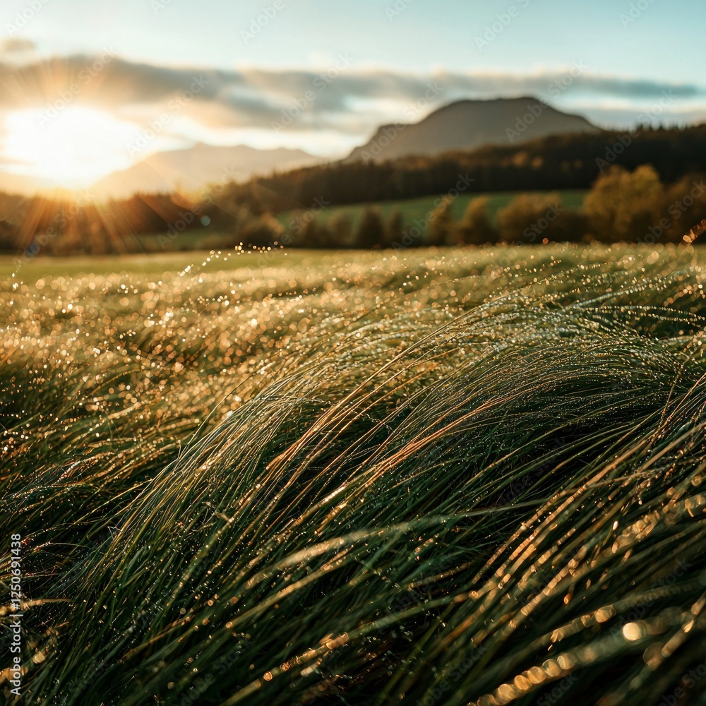 Sunrise Over Dew-Covered Grass Field Sunrise Over Dew-Covered Grass Field