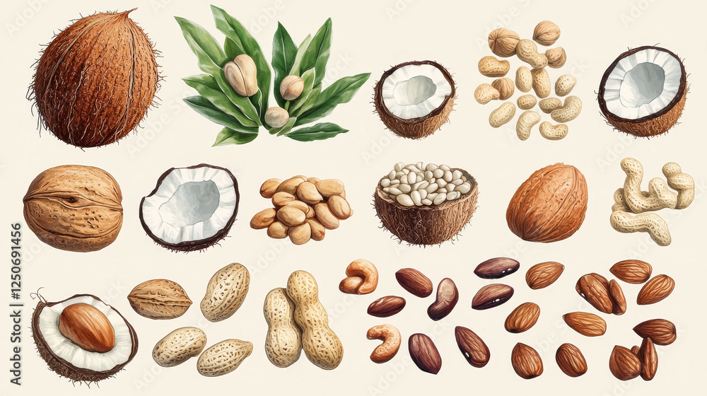 Nuts, kernels and nutritious seeds poster. Coconut, almond and pistachio, peanut, hazelnut, walnut and legume bean, sunflower and pumpkin seeds. Vector vegetarian or vegan nutrition food Nuts, kernels and nutritious seeds poster. Coconut, almond and pistachio, peanut, hazelnut, walnut and legume bean, sunflower and pumpkin seeds. Vector vegetarian or vegan nutrition food