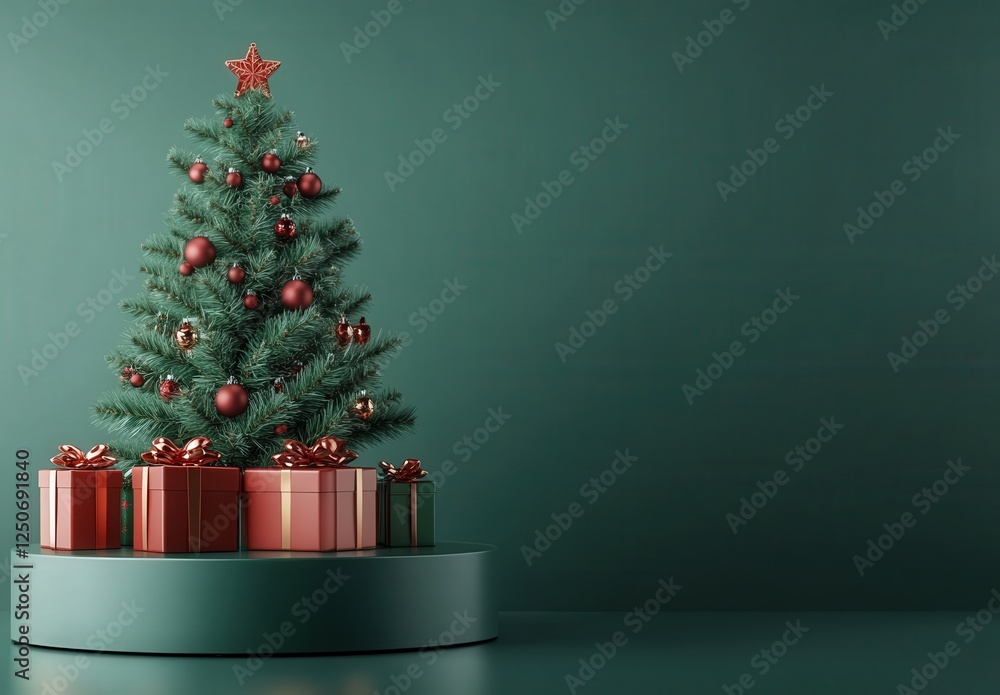 3D Christmas Tree With Red Gifts On Dark Green Display 3D Christmas Tree With Red Gifts On Dark Green Display