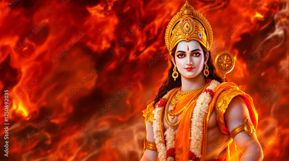 Fototapeta premium lord rama with fiery background symbolizing righteousness, courage, and divine strength in hindu mythology, a powerful representation of dharma