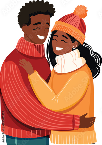 Hug of Love. A warm embrace of a couple in cozy winter clothing, expressing affection amidst a minimalist backdrop.