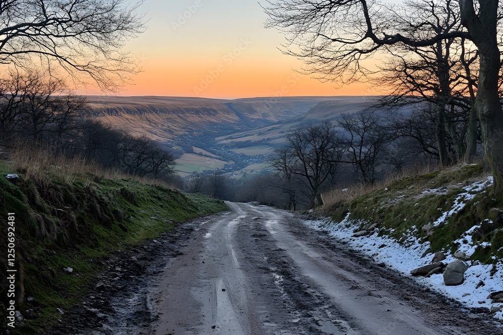 Sunset valley view from muddy winter road Sunset valley view from muddy winter road
