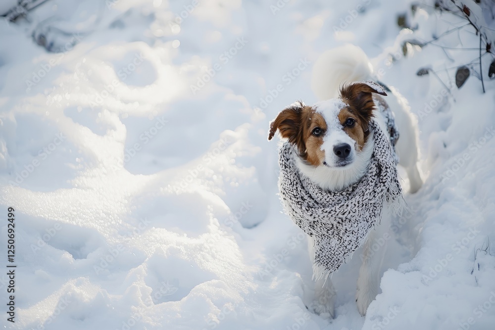 Dog wearing a winter scarf plays in the snow on a chilly winter day Dog wearing a winter scarf plays in the snow on a chilly winter day
