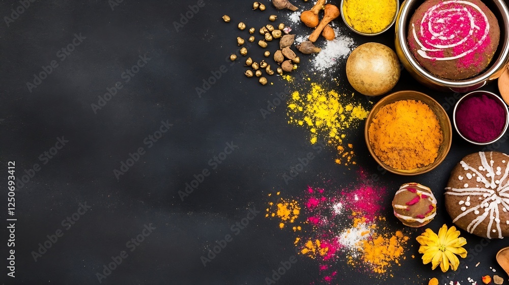 Vibrant Colorful Spices and Powders Artfully Displayed on Dark Surface for Culinary Inspiration : Generative AI Vibrant Colorful Spices and Powders Artfully Displayed on Dark Surface for Culinary Inspiration : Generative AI