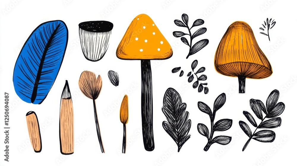 Colorful Hand-Drawn Elements Featuring Mushrooms, Leaves, and Stems Colorful Hand-Drawn Elements Featuring Mushrooms, Leaves, and Stems