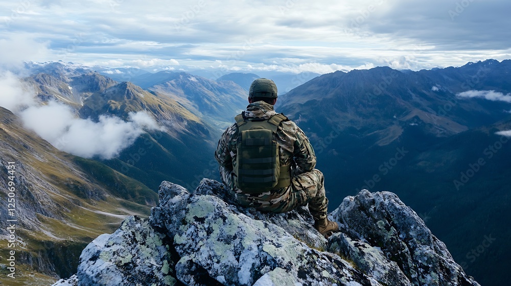 Soldier with tactical gear looks out over a breathtaking mountain landscape : Generative AI Soldier with tactical gear looks out over a breathtaking mountain landscape : Generative AI