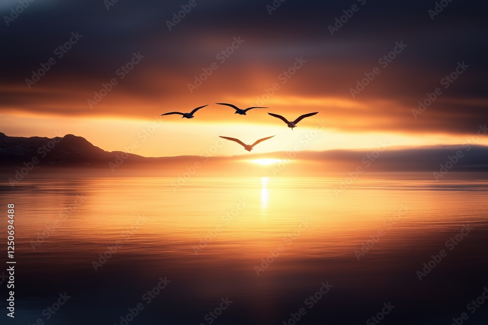 Fototapeta premium Four birds flying over a calm sea during a vibrant sunset with orange and purple hues. Symbolizing freedom and tranquility.