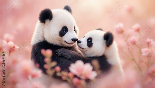 Two Adorable Pandas Embracing Surrounded by Pink Cherry Blossoms in Soft Light