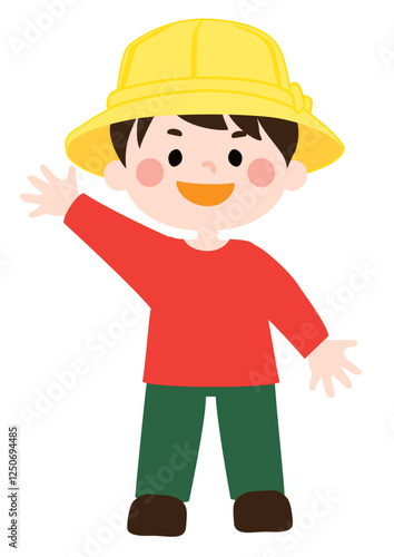 嬉しそうに笑う黄色い帽子の男の子のベクターイラスト
