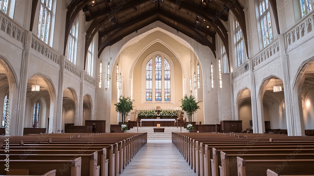 Fototapeta premium An elegant interior view of a grand church showcasing its beautiful architecture and serene atmosphere : Generative AI