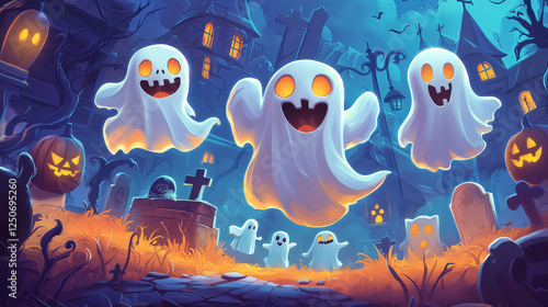 Halloween I spy game worksheet with flying kawaii ghost characters, vector puzzle. Kids quiz with funny ghost monsters and little boo poltergeist flying on cemetery for I spy or find and match game photo