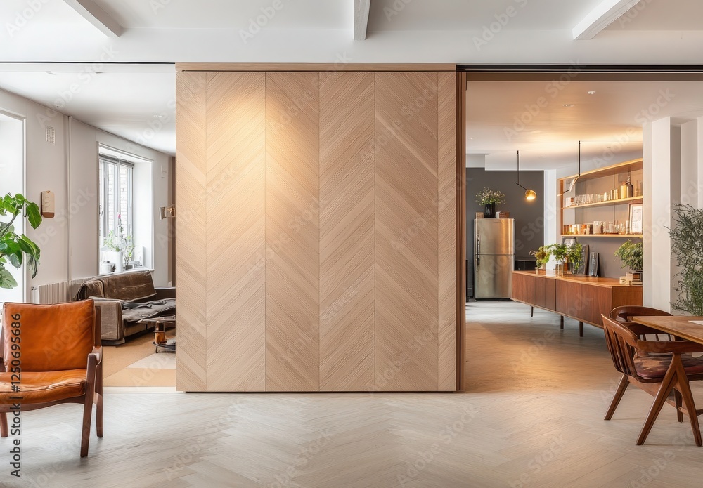 Fototapeta premium Open Plan Interior Design With Light Beige Wooden Partition