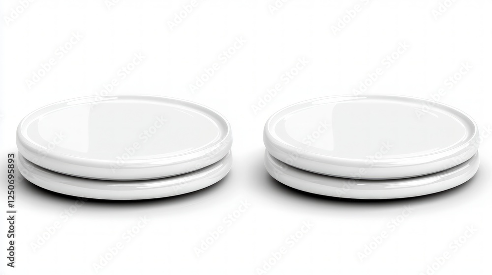 Two Stacks of White Round Ceramic Coasters on White Background Two Stacks of White Round Ceramic Coasters on White Background