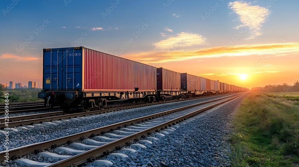 Vibrant sunset illuminating freight train containers along the railway tracks in an urban setting : Generative AI Vibrant sunset illuminating freight train containers along the railway tracks in an urban setting : Generative AI
