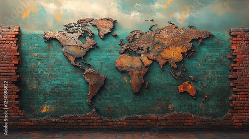 A world map divided by tall brick walls, preventing goods from flowing between nations, trade wall, economic protectionism