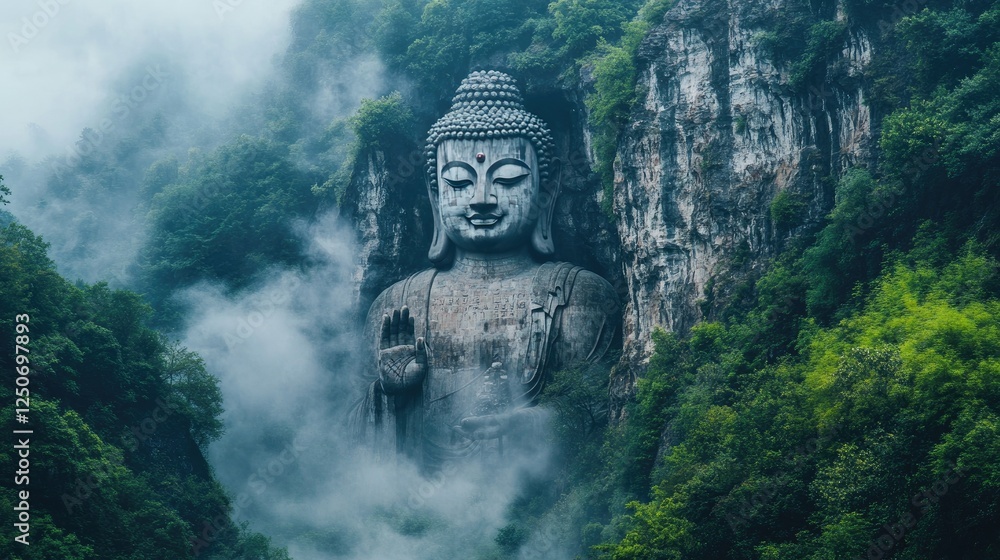 Majestic Buddha Statue Carved in Rock Amidst Misty Green Landscape Majestic Buddha Statue Carved in Rock Amidst Misty Green Landscape