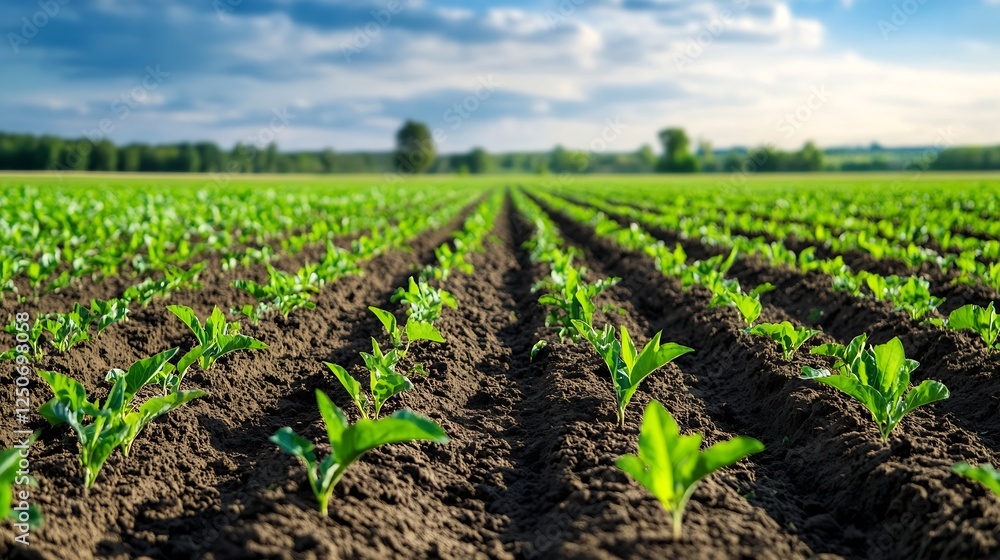 Expansive green farmland with rows of young plants illuminated by natural sunlight : Generative AI Expansive green farmland with rows of young plants illuminated by natural sunlight : Generative AI